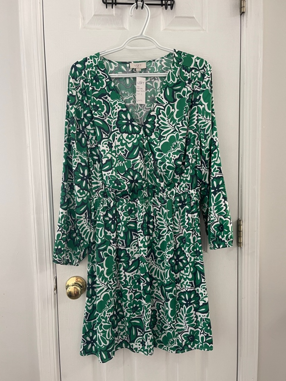 LOFT Green and White Floral Wrap-Style Long Sleeve Dress